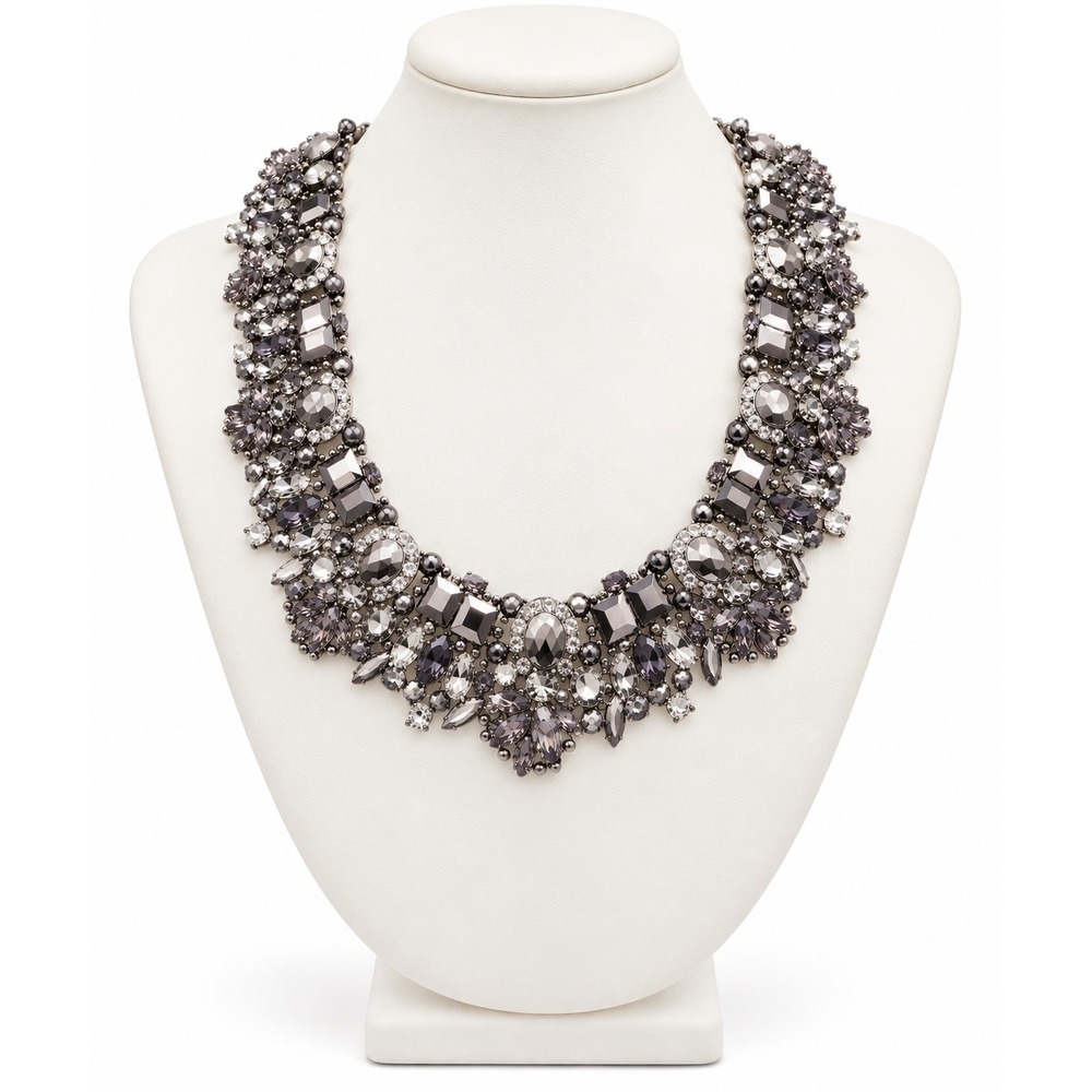 Crystal Rhinestone Statement Bib Collar Necklace Chunky Gunmetal Gray 16-20 In